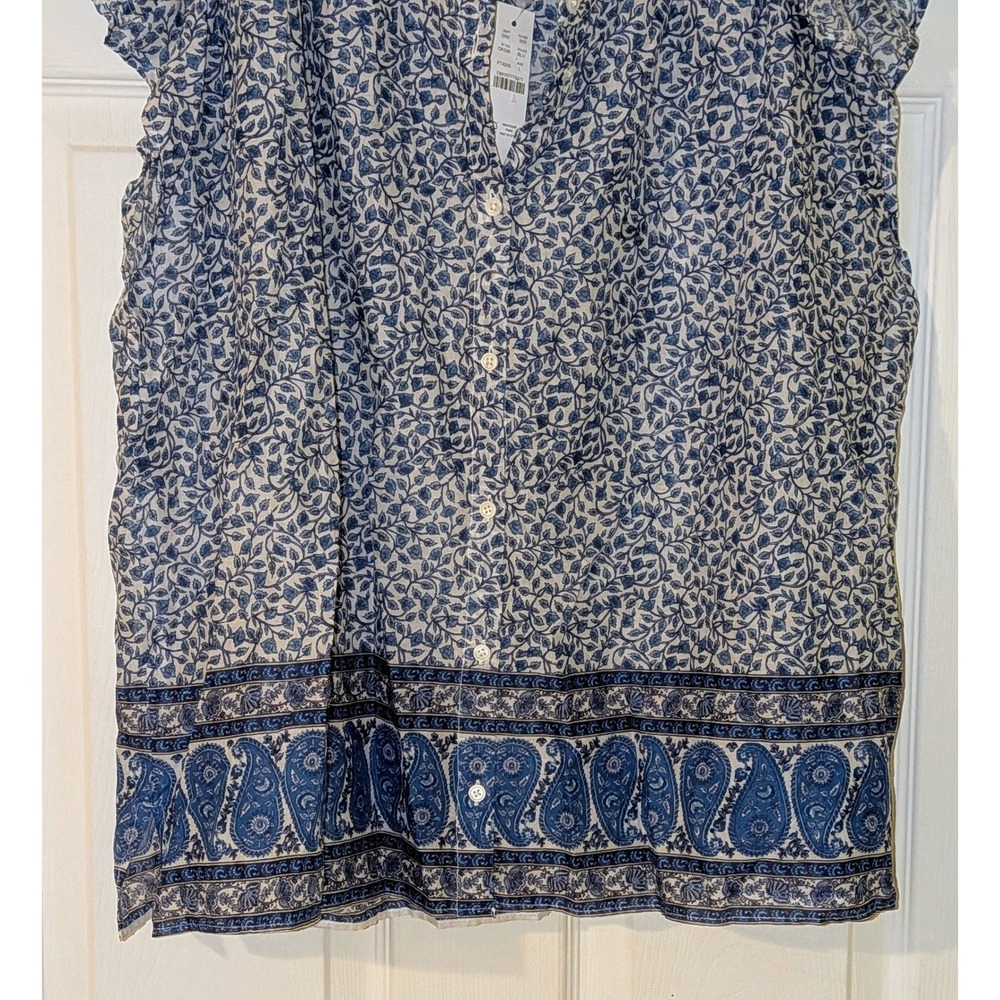 J. Crew Blue White‎ Floral Paisley Cap Sleeve Button Up Shirt Top Size L NWT $90 - Picture 11 of 12